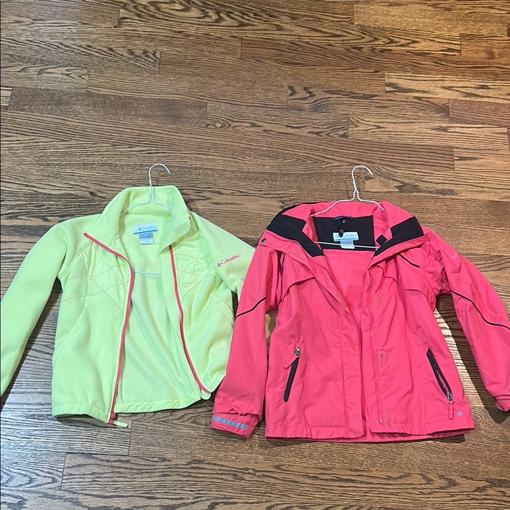 Columbia Lime Fleece and Coral Rain Jacket Set size girls 10/12